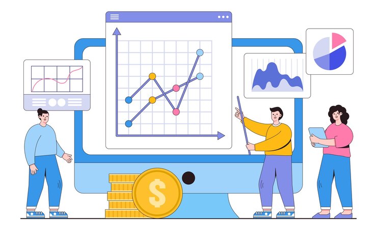 Vector gente de negocios plana analizando y monitoreando el concepto de monitor de panel de control de informe de inversión financiera ilustración de vector mínimo de estilo de diseño de esquema