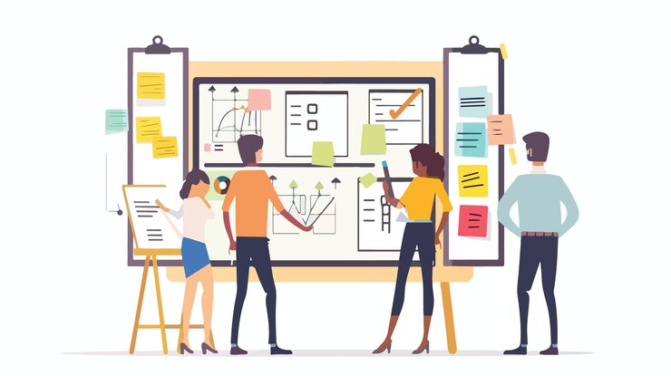 Vector gente de negocios profesional analizando datos en gráficos en la reunión de scrum