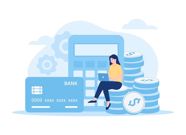 Gente de negocios que trabaja entre calculadora, billetera en efectivo y tarjeta de crédito, inversión, contabilidad, ganancias, tendencia, concepto, ilustración plana