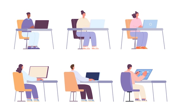 Gente de negocios que trabaja con computadora y computadora portátil personajes de oficina de dibujos animados mujer y hombre sentados en el escritorio conjunto de vectores de trabajadores