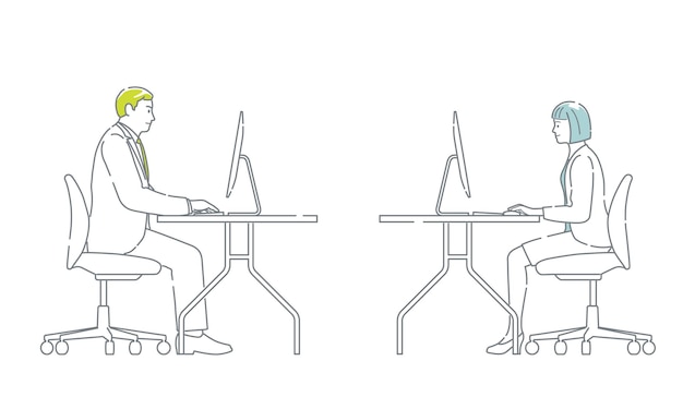 Gente de negocios que trabaja en los escritorios con computadoras Fácil de usar Ilustración vectorial plana simple Se