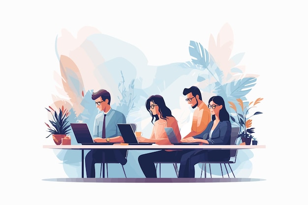 Gente de negocios que trabaja en la oficina ilustración vectorial hombre y mujer planos de dibujos animados sentados en la mesa