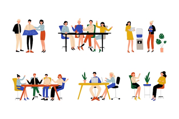 Gente de negocios que trabaja en la oficina junta un grupo de empleados de la oficina que trabajan en un proyecto de tormenta de ideas comunicando ilustraciones vectoriales de dibujos animados