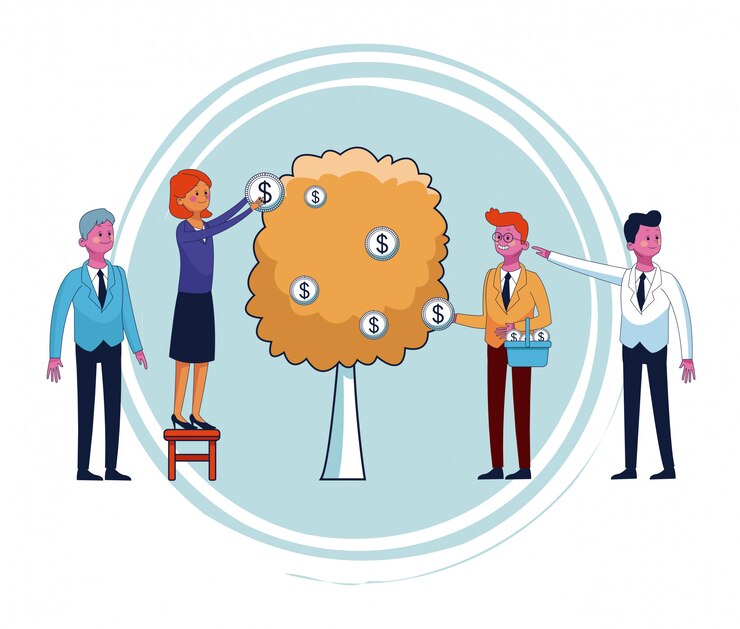 Vector gente de negocios sembrando árbol de dinero
