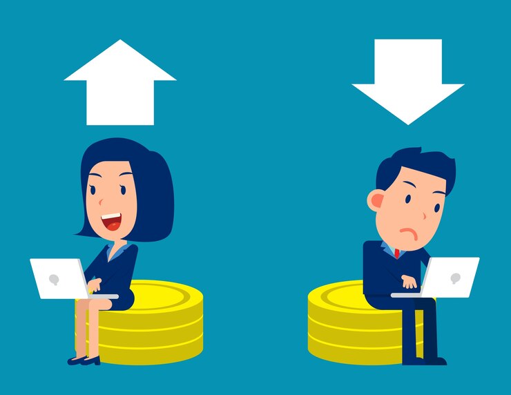 Vector la gente de negocios se sienta en una pila de monedas y comercia