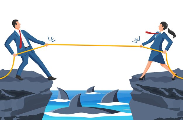 Gente de negocios tira de cuerda cerca de Gap con tiburones