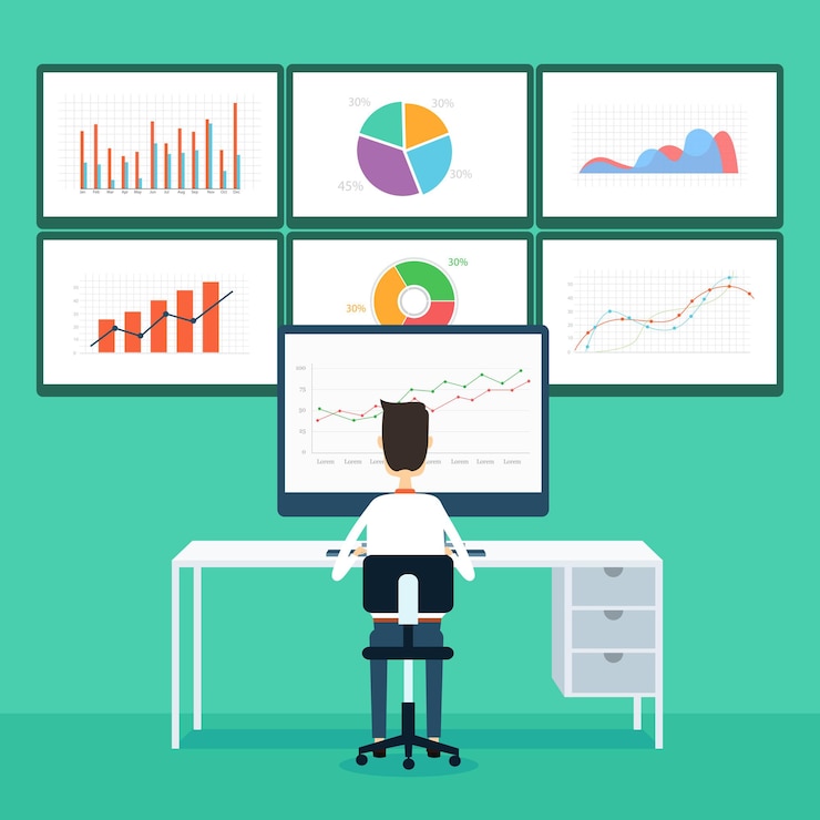 Vector gente de negocios trabajando y analítica informe gráfico monitor concepto
