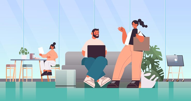 Vector gente de negocios trabajando y hablando juntos en el concepto de trabajo en equipo de reunión de negocios del centro de coworking