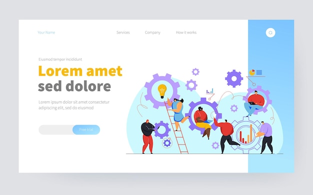 Gente de negocios trabajando juntos en la ilustración de vector plano de equipo. Escena de dibujos animados de la organización y gestión de la estructura de la empresa. Concepto de comunicación y trabajo en equipo