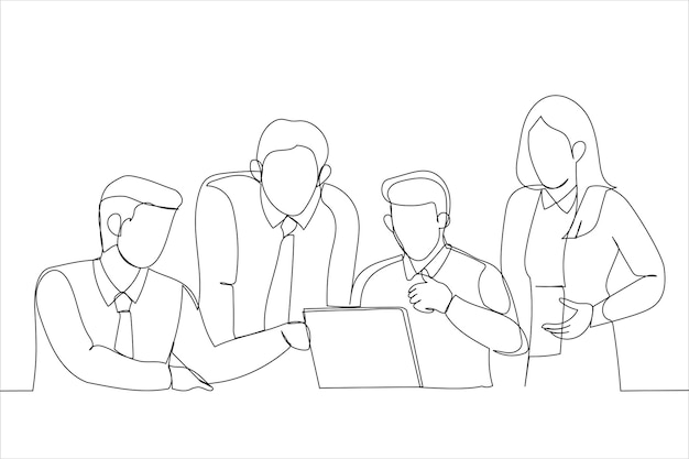 Gente de negocios trabajando juntos en un nuevo proyecto mirando estadísticas en la computadora portátil Estilo de arte de línea continua