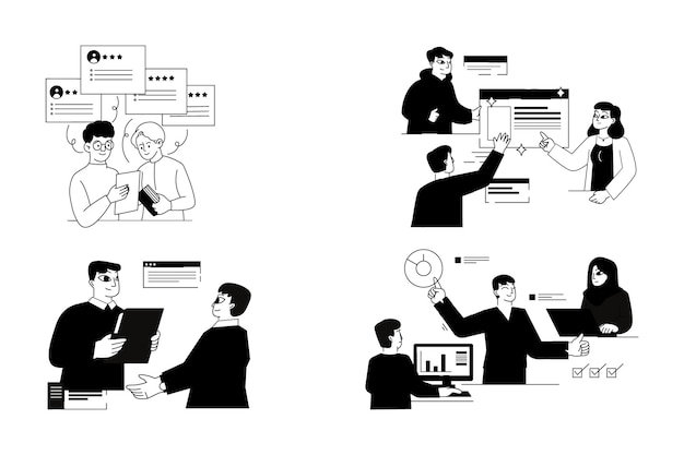 Gente de negocios y trabajo en equipo en el lugar de trabajo en ilustración de estilo plano para negocios
