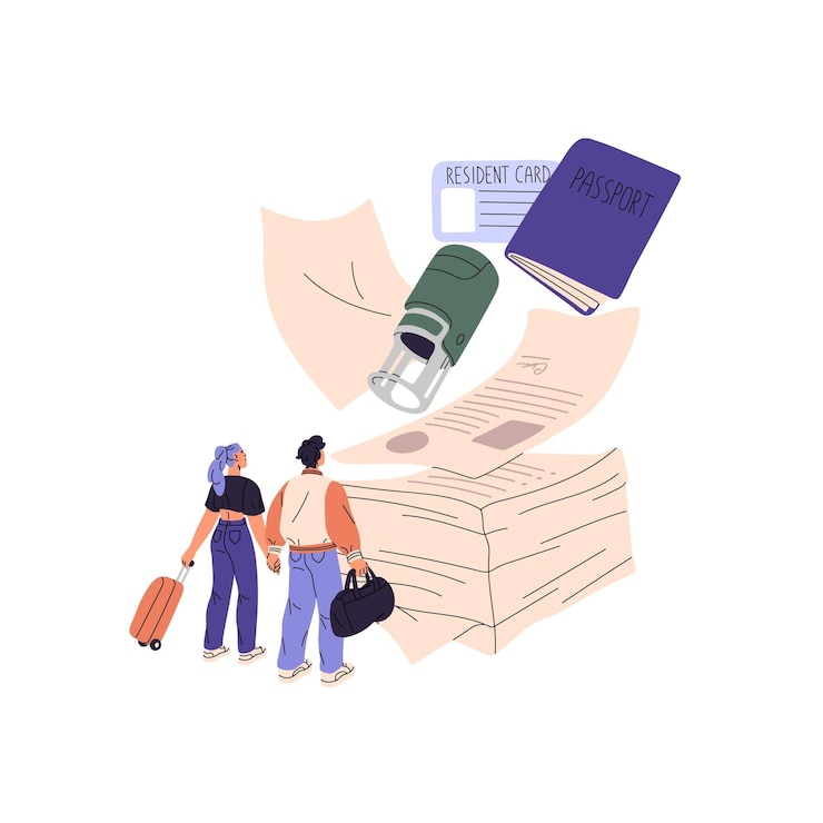 Vector la gente obtiene un sello en los documentos pasaporte para cruzar la frontera inmigrante obtención de tarjeta de residente ciudadanía papeleo de permiso de residencia concepto de migración ilustración de vector aislado plano en blanco