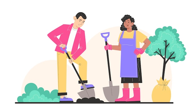 La gente se ocupa del jardín el hombre y la mujer cavan el suelo con una pala y plantan un árbol joven