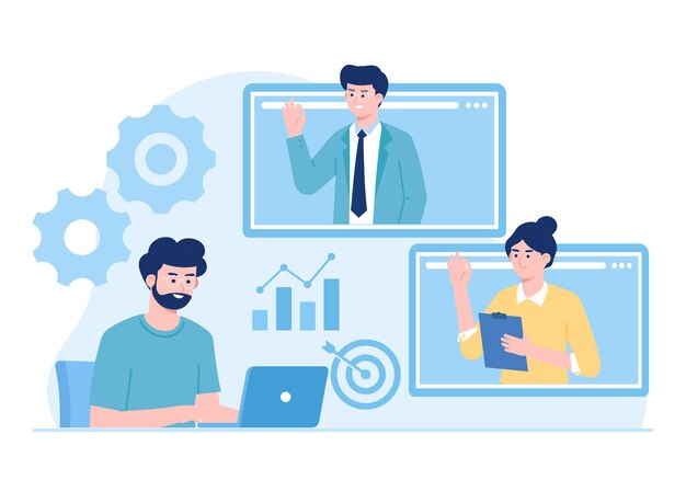 gente de la oficina discutiendo en línea sobre el crecimiento del negocio tendencia concepto ilustración plana