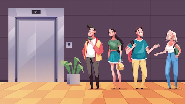 Gente de oficina esperando en línea ilustración de diseño gráfico de concepto de ascensor