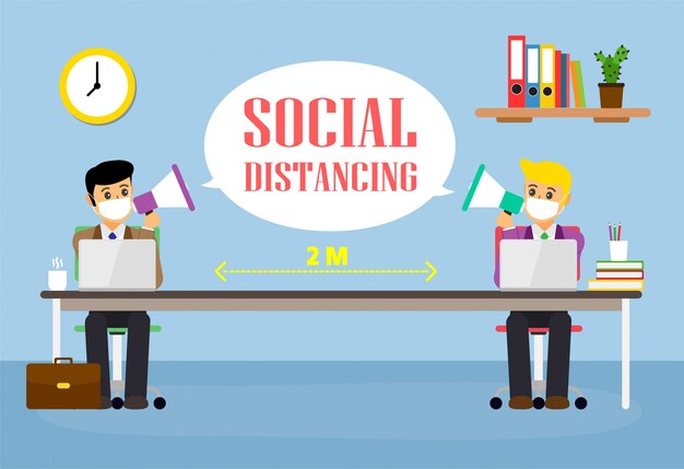 La gente de la oficina del hombre de negocios mantiene el distanciamiento social. Nueva normalidad en el trabajo de trabajo.