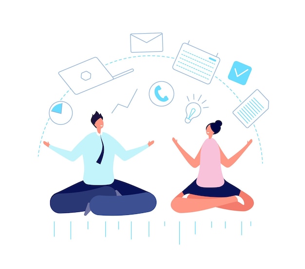 Gente de oficina multitarea. Meditar empresario, planificación del trabajo y disciplina en equipo. Mente multitarea, Ilustración de vector de gestión inteligente. Multitarea y mediación empresarial