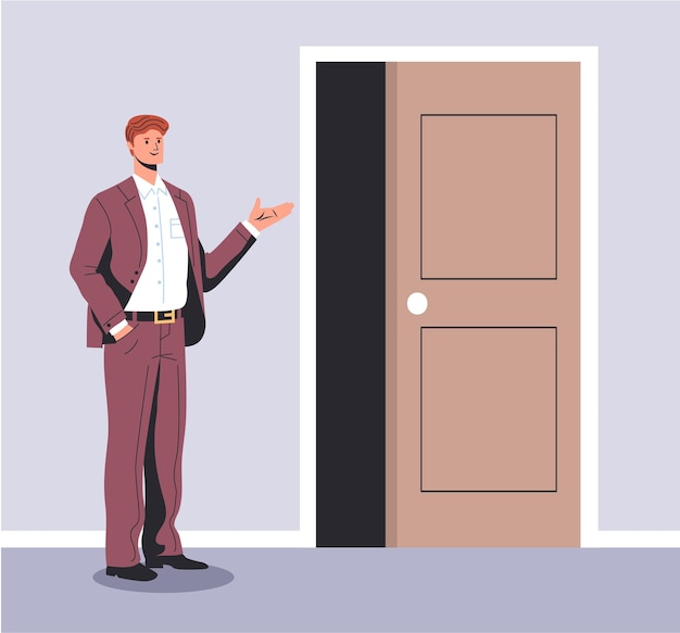 La gente de la oficina de negocios muestra el gesto de bienvenida cerca de la puerta abierta ilustración de diseño gráfico