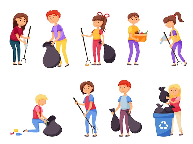 La gente se ofrece voluntariamente a recolectar basura y desechos para su reciclaje. Alumno alumno involucrado en voluntariado, movimiento social de caridad para la protección del medio ambiente