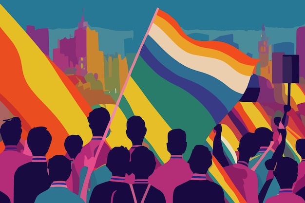 La gente del orgullo y la tolerancia lgbtq desfilan banderas del arco iris