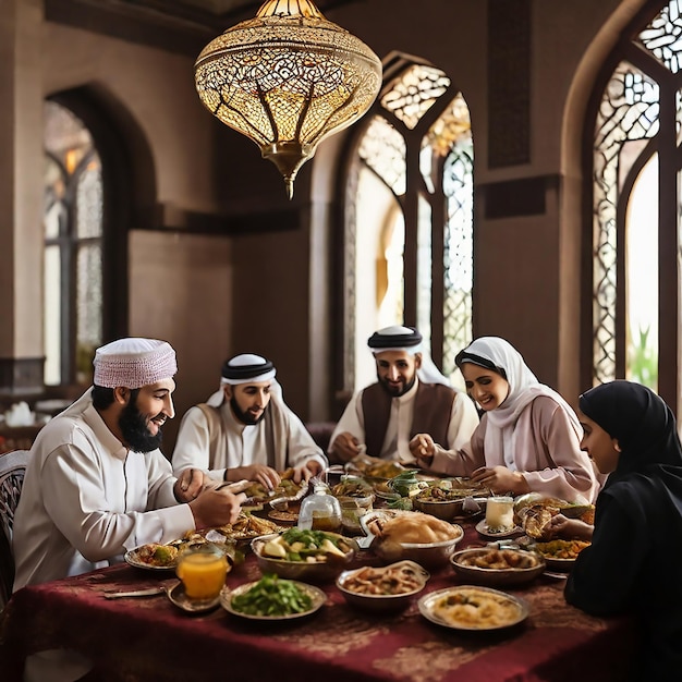 Gente de Oriente Medio comiendo en la mesa durante el ayuno de Ramadán