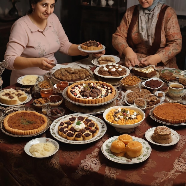 Gente de Oriente Medio comiendo en la mesa durante el ayuno de Ramadán