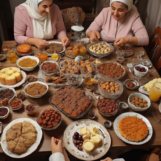 Gente de Oriente Medio comiendo en la mesa durante el ayuno de Ramadán