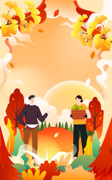 La gente de otoño hace ejercicio y camina al aire libre con árboles y hierba en el fondo, ilustración vectorial