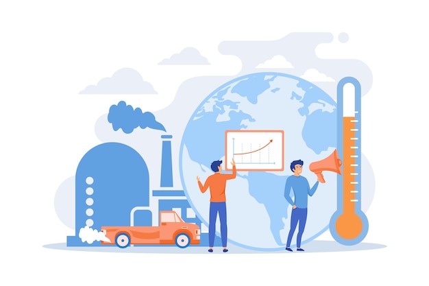 Gente en pánico para anunciar datos de calentamiento global globo con planta de energía y contaminación de tráfico global