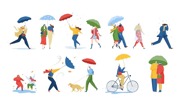 Gente con paraguas bajo lluvia tormenta viento ilustración vectorial conjunto de personajes planos de dibujos animados en