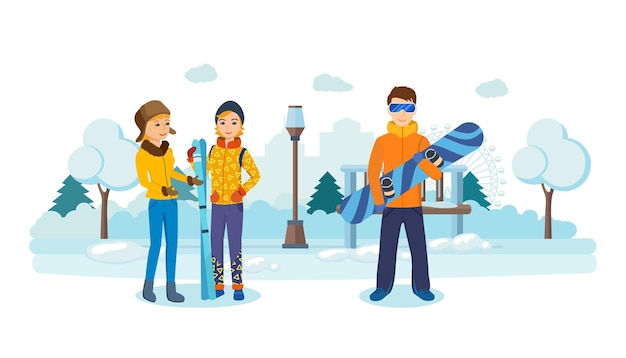 Gente en el parque de invierno con esquís en las manos y snowboard.