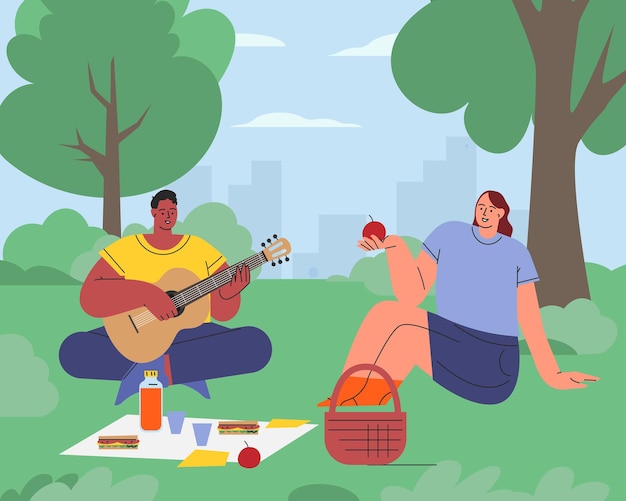 Gente en el parque Picnic de verano con amigos Ilustración de vector plano