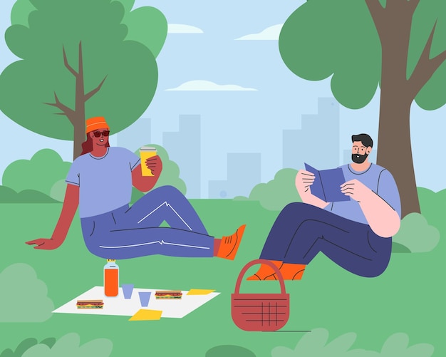 Gente en el parque Vacaciones de verano y picnic Una persona leyendo y relajándose Ilustración plana