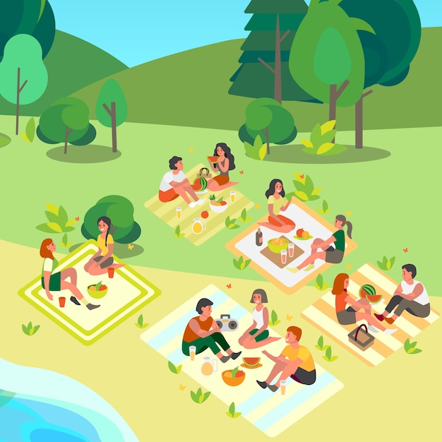 La gente pasa tiempo al aire libre en un picnic. Campamento de verano con amigos en el parque público. Idea de turismo y viajes, temporada de sandía.