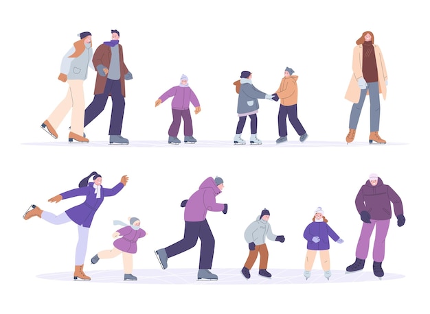 La gente patina sobre hielo la persona patinador adultos y niños patina bailando plano feliz divertido invierno hombre y mujer dibujos animados parejas kicky conjunto vectorial de la pista de hielo de invierno ilustración