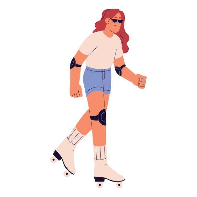 Gente patinando en vacaciones de verano Mujer joven patinando sobre ruedas con gafas de sol Chica con rodilleras montando patines en traje urbano Ilustración vectorial aislada plana sobre fondo blanco