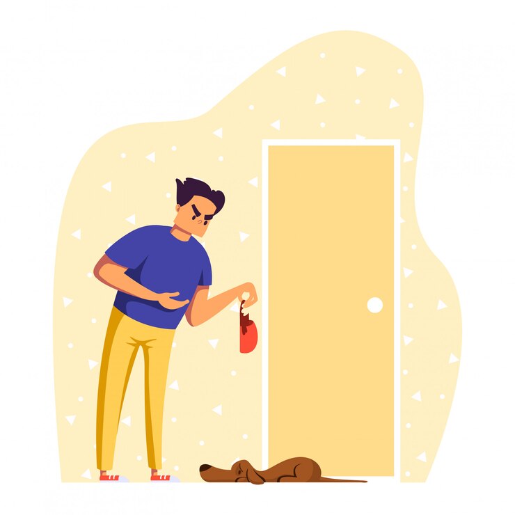Vector la gente en la pelea ilustración, caricatura enojado propietario hombre personaje regañando triste perro mascota por daños a la cosa del hogar en blanco