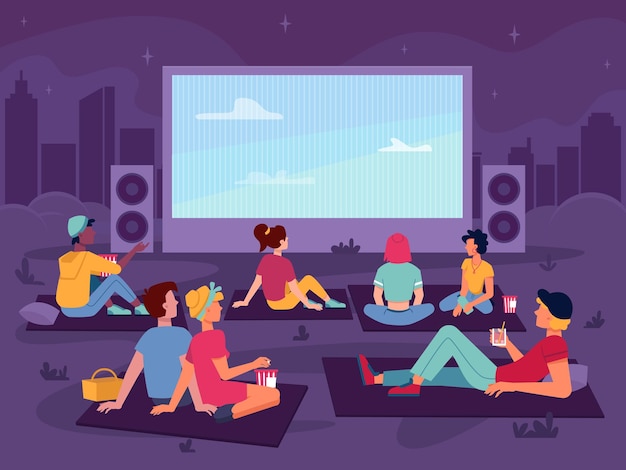 Gente de película de cine al aire libre en el parque por la noche