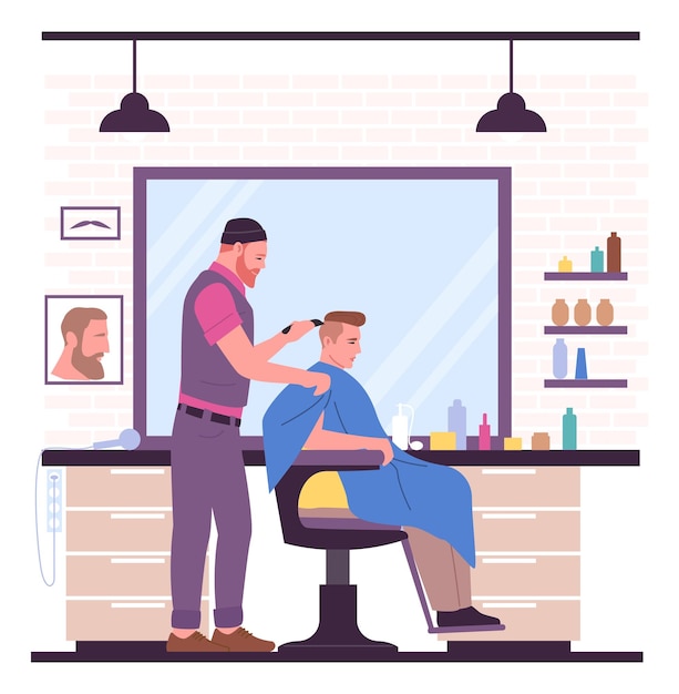 Gente en peluquería Peluquero con cliente Peluquero hace corte de pelo Cliente sentado en sillón Peluquero recortando Peluquero cortando con maquinilla de afeitar Ilustración de barbería vectorial