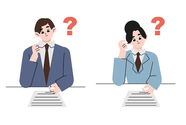 Gente pensando en tareas serias, buscando información, personajes masculinos y femeninos con exclamación y