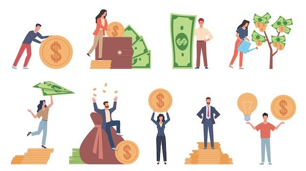 Gente pequeña con dinero Elementos presupuestarios diferentes posturas personas mujer regando árbol de dinero hombre rodando gran moneda sosteniendo billete millonario en bolsas llenas hombre de negocios con efectivo conjunto plano de dibujos animados vectorial