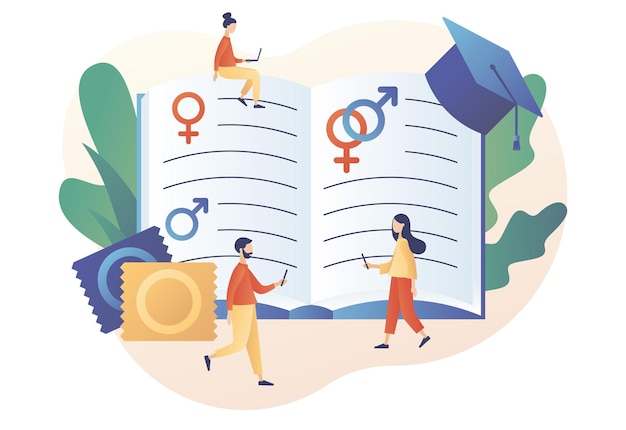 Gente pequeña con gran libro en lección de salud sexual Concepto de educación sexual Anticoncepción