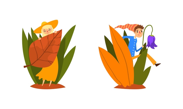 Vector gente pequeña en la naturaleza criaturas de hadas divertidas en la hierba alta ilustración vectorial de dibujos animados