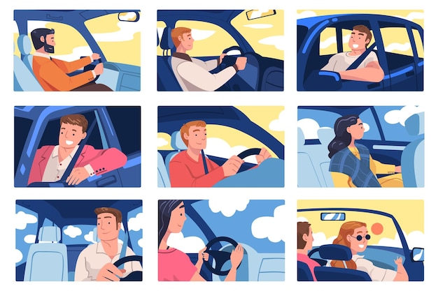 Gente Personaje conduciendo un coche sentado en el asiento del conductor dentro del vehículo Conjunto de ilustraciones vectoriales