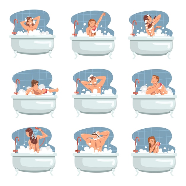 Gente Personajes bañándose en la bañera fregándose el cuerpo con jabón y ducha Puff Set de ilustraciones vectoriales