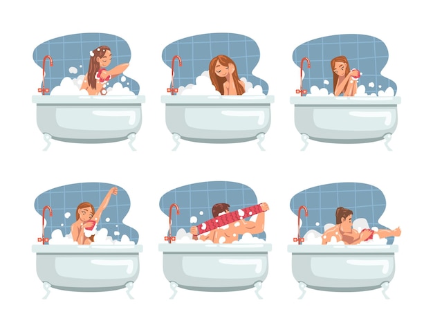 Gente Personajes bañándose en la bañera fregándose el cuerpo con jabón y ducha Puff Set de ilustraciones vectoriales