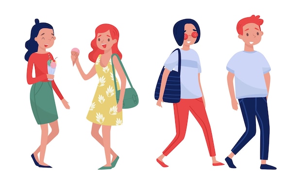 Gente Personajes caminando comiendo helado y hablando Conjunto vectorial