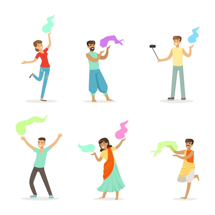 Vector gente personajes celebrando el antiguo festival hindú lanzando colores conjunto vectorial