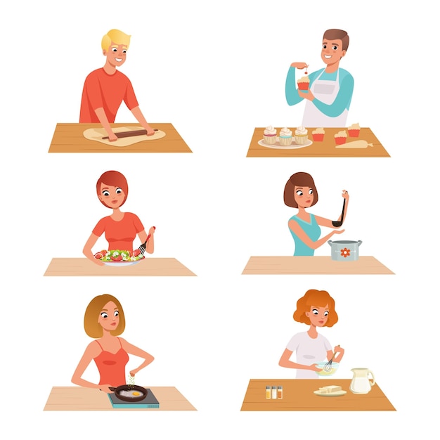 Gente Personajes cocinando y preparando comida en casa en la mesa de la cocina Conjunto vectorial