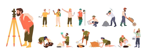 Gente personajes de dibujos animados de profesión altamente especializada con arqueólogos mineros de oro geólogos ilustración vectorial Hombre y mujer trabajando con equipos aislados en blanco